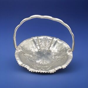 Vintage Hammered Aluminum Basket w/ Handle Decorative‎ Collectible Decor